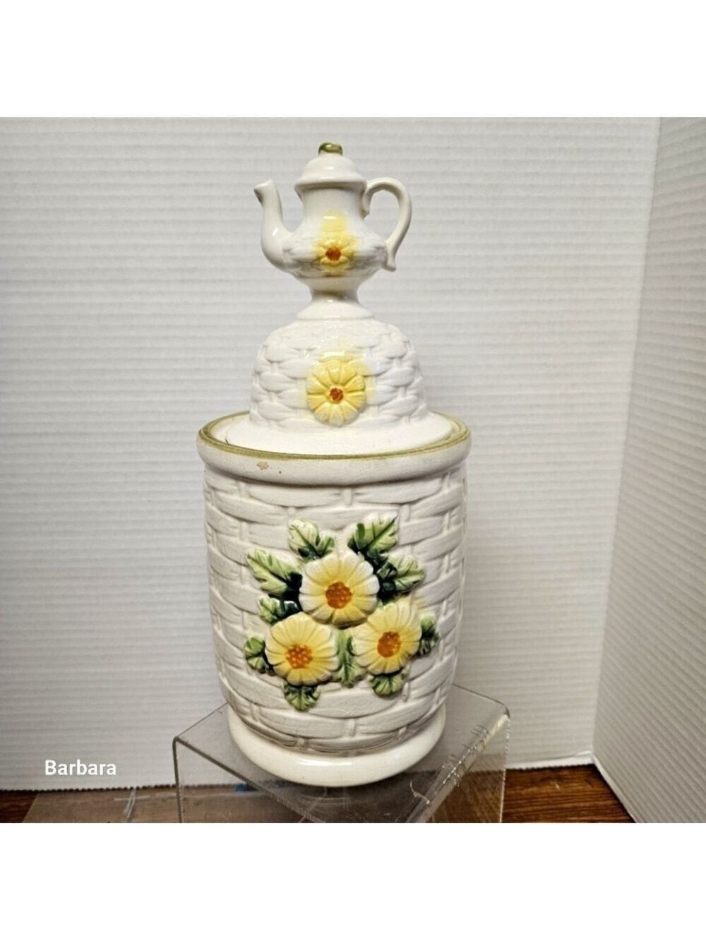Vintage Tall Ceramic Lattice Floral Canister with Decorative Dome and Teapot Lid